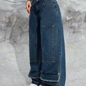 SHEIN ICON Women's Raw Trim Flap Detail Denim Wide Leg Pants Baggy Jeans